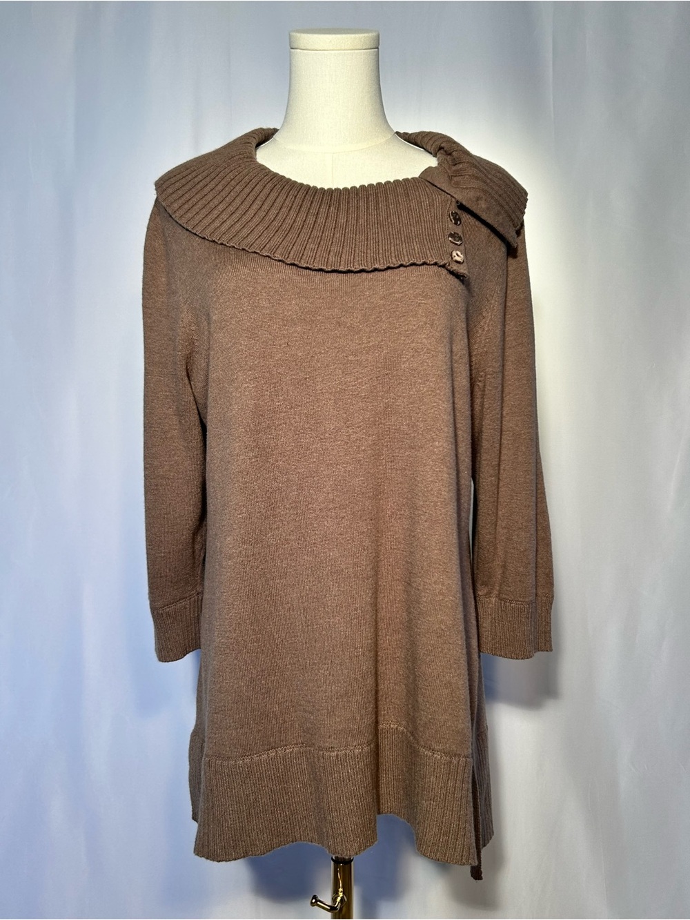 Chico's Taupe Asymetrical. Portrait Collar Knit Tunic Sweater Size 2/Large